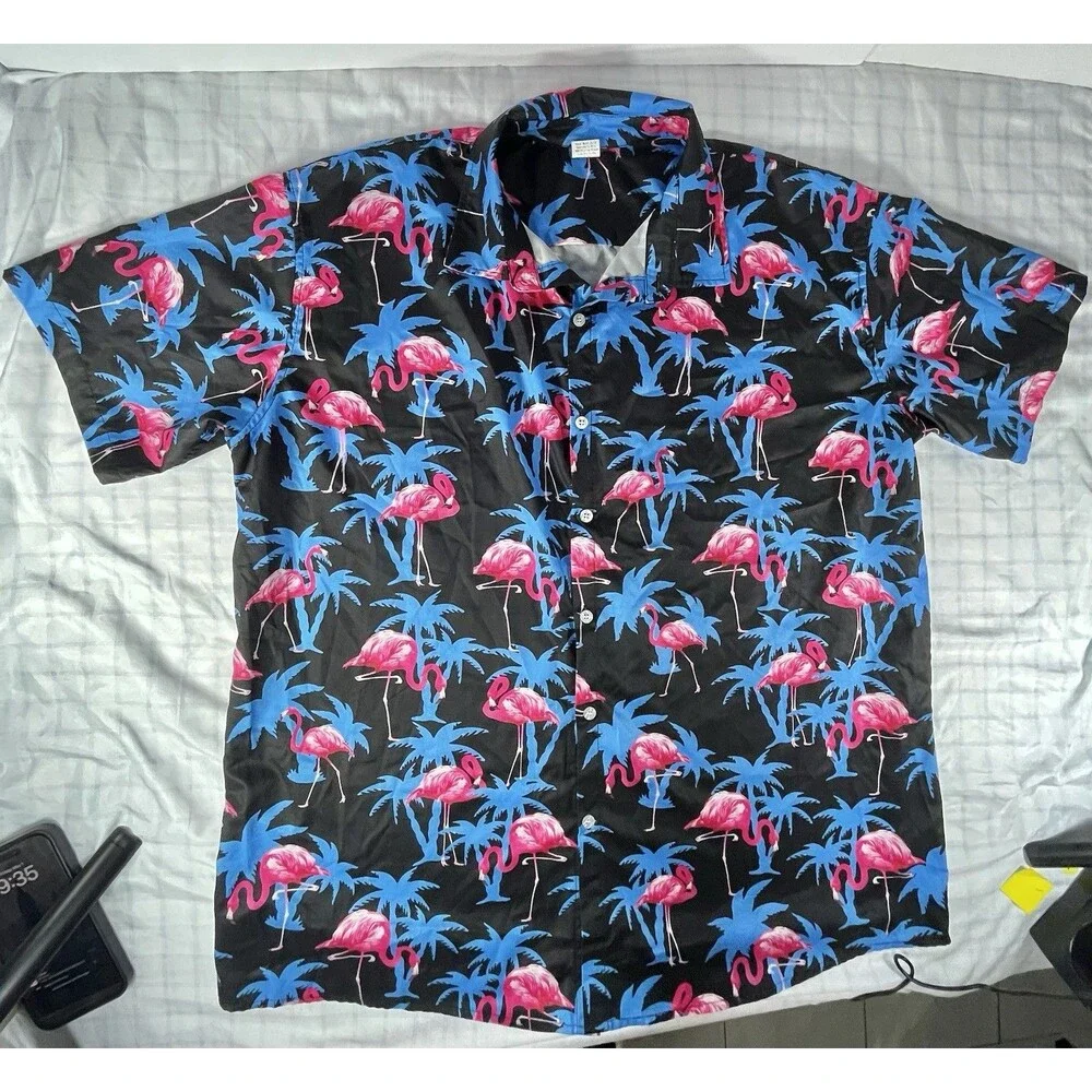 Men’s Flamingo & Palm Tree Hawaiian Shirt | XXL Black/Neon Pink/Blue Party Top